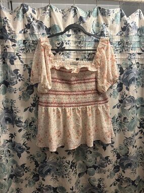 Grace Karin 2X Smocked Square-Neck Floral Peasant Top - Cream with Coral Accents
